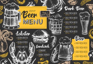 Restoran bira menüsü tasarımı. Bira ve deniz ürünleri abur cuburunun dekoratif çizimi. Fast food menüsü