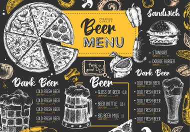 Restoran bira menüsü tasarımı. Bira ve deniz ürünleri abur cuburunun dekoratif çizimi. Fast food menüsü