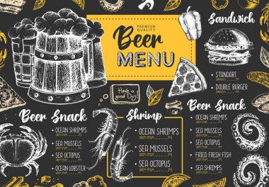 Restoran bira menüsü tasarımı. Bira ve deniz ürünleri abur cuburunun dekoratif çizimi. Fast food menüsü