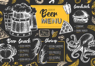 Restoran bira menüsü tasarımı. Bira ve deniz ürünleri abur cuburunun dekoratif çizimi. Fast food menüsü