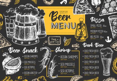 Restoran bira menüsü tasarımı. Bira ve deniz ürünleri abur cuburunun dekoratif çizimi. Fast food menüsü