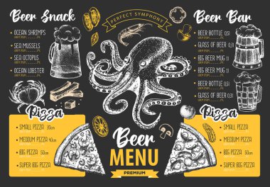 Restoran bira menüsü tasarımı. Bira ve deniz ürünleri abur cuburunun dekoratif çizimi. Fast food menüsü