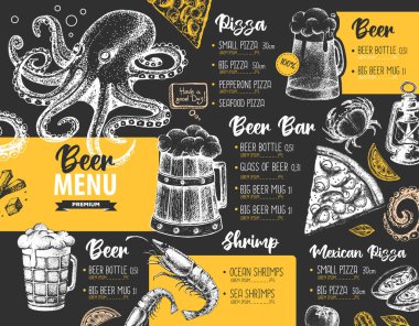 Restoran bira menüsü tasarımı. Bira ve deniz ürünleri abur cuburunun dekoratif çizimi. Fast food menüsü