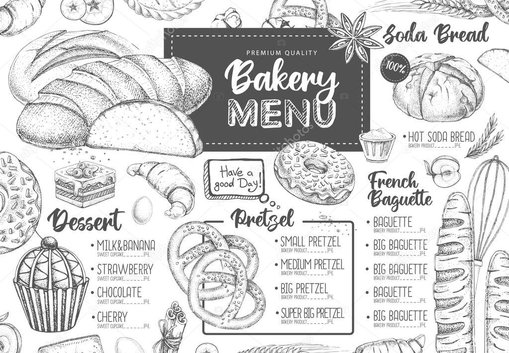 Restaurant bakery design. Decorative sketch of bread and dessert