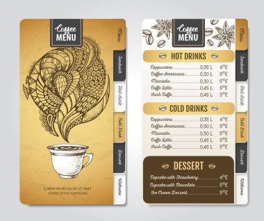 Restoran kahve menüsü tasarımı. Bir fincan kahve veya çayın dekoratif çizimi..
