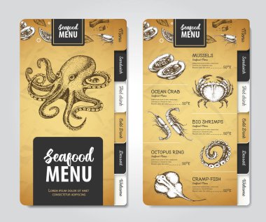 Restoran deniz ürünleri menüsü tasarımı. Deniz ürünlerinin dekoratif çizimi. Fast food menüsü