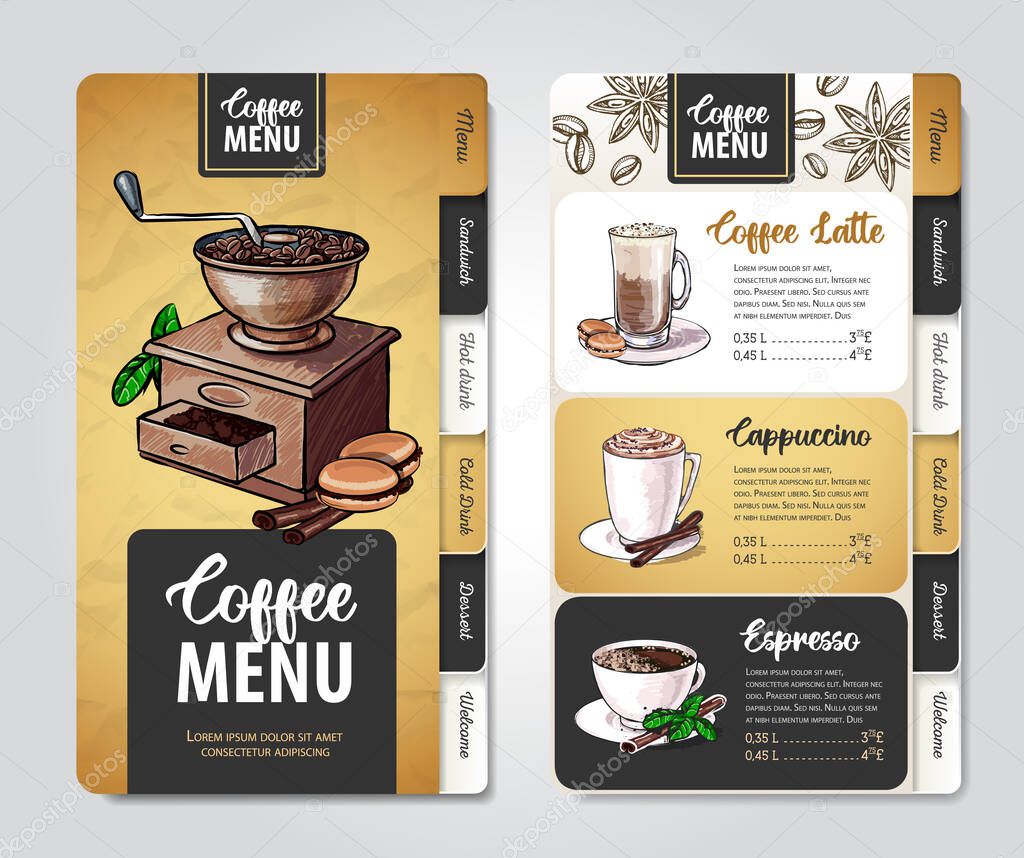 Restaurant Coffee menu design. Decorative sketch of cup of coffee or tea.