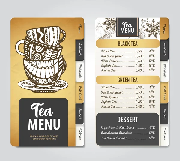 Design Menu Restaurace Royal Tea Dekorativní Náčrt Konvice Styl Ročníku — Stockový vektor