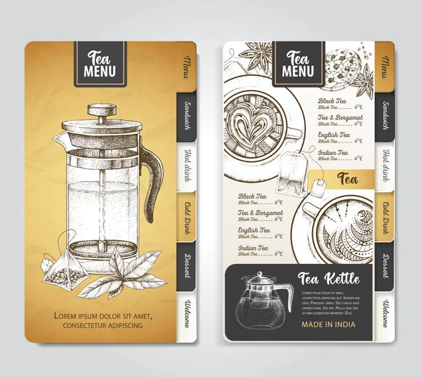 Restauracja Royal Tea Menu Design Dekoracyjny Szkic Czajnika Styl Vintage — Wektor stockowy