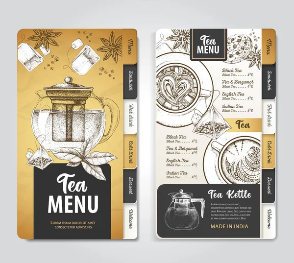 Restaurang Royal Tea Meny Design Dekorativ Skiss Tekanna Vintage Stil — Stock vektor