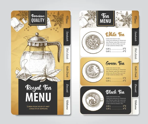 Design Menu Restaurace Royal Tea Dekorativní Náčrt Konvice Styl Ročníku — Stockový vektor