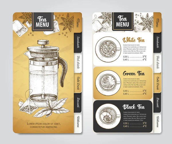 Restauracja Royal Tea Menu Design Dekoracyjny Szkic Czajnika Styl Vintage — Wektor stockowy