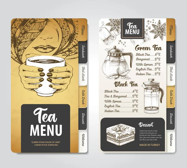 Restaurant Royal Tea Menu Design Esquisse Décorative Théière Style Vintage — Image vectorielle