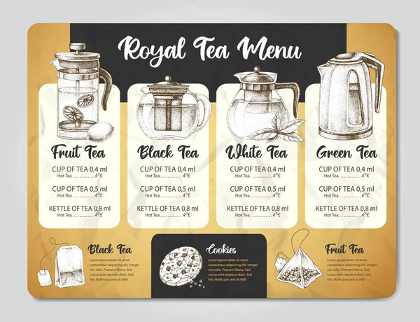 Restauracja Tea Menu Projekt Dekoracyjny Szkic Czajnika Różne Rodzaje Czajników — Wektor stockowy