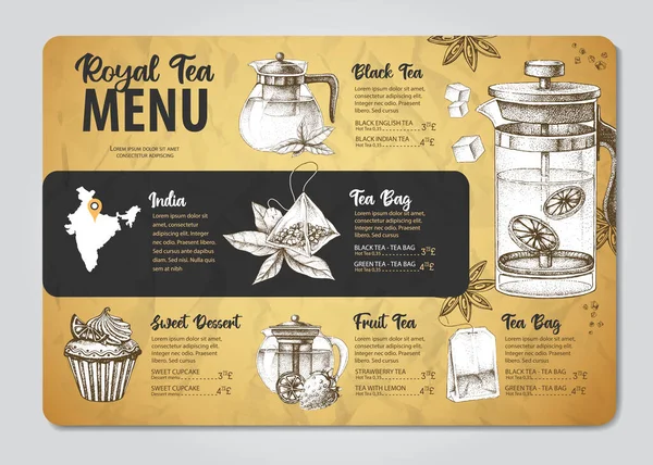 Restauracja Royal Tea Menu Design Dekoracyjny Szkic Czajnika Styl Vintage — Wektor stockowy