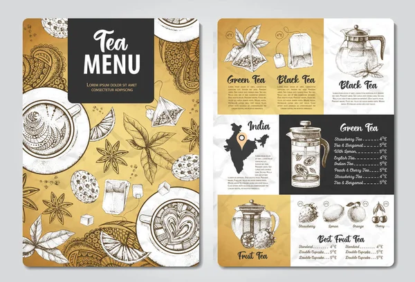 Design Menu Restaurace Royal Tea Dekorativní Náčrt Konvice Styl Ročníku — Stockový vektor