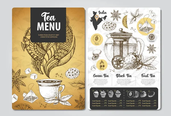 Ресторан Royal Tea Menu Дизайн Декоративний Ескіз Чайника Фортечний Стиль — стоковий вектор