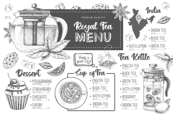 Çizimi Sanatsal Restoran Royal Tea Menü Tasarımı Çaydanlığın Dekoratif Çizimi — Stok Vektör