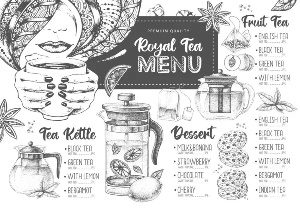 Disegno Mano Artistico Ristorante Royal Tea Menu Design Schizzo Decorativo — Vettoriale Stock