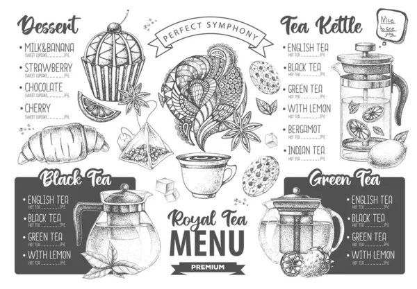 Dessin Main Artistique Restaurant Royal Tea Menu Design Esquisse Décorative — Image vectorielle