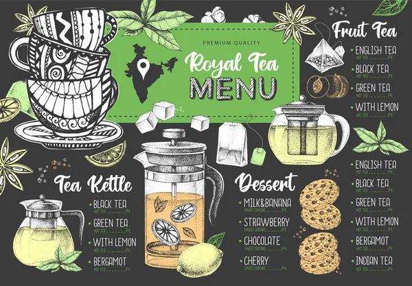 Ręczne Rysowanie Artystycznej Restauracji Royal Tea Menu Design Dekoracyjny Szkic — Wektor stockowy