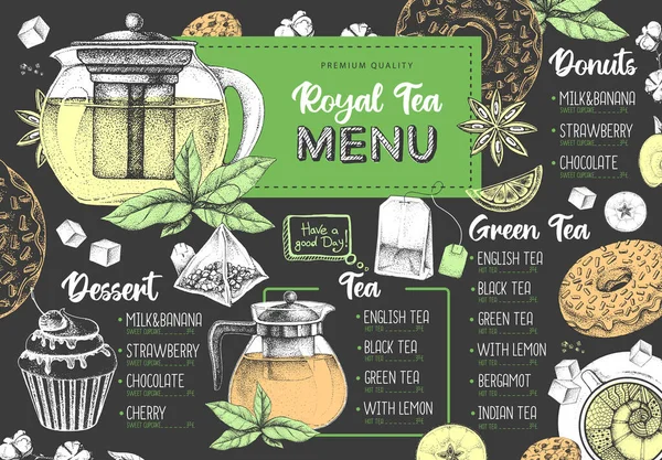 Ręczne Rysowanie Artystycznej Restauracji Royal Tea Menu Design Dekoracyjny Szkic — Wektor stockowy