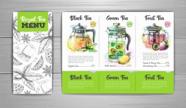 El çizimi sanatsal restoran Royal Tea menü tasarımı. Çaydanlığın dekoratif çizimi. Klasik stil