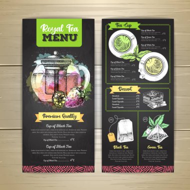 Tebeşir çizimi sanatsal restoran Royal Tea menü tasarımı. Çaydanlığın dekoratif çizimi. Klasik stil