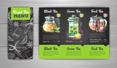 Tebeşir çizimi sanatsal restoran Royal Tea menü tasarımı. Çaydanlığın dekoratif çizimi. Klasik stil