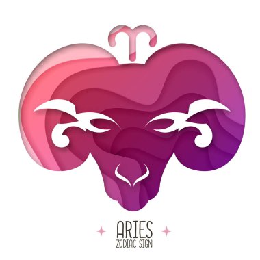Astroloji burclu cadılık kartı. Ram logosu tasarımı. Kağıt sanatının tasarımını kes.