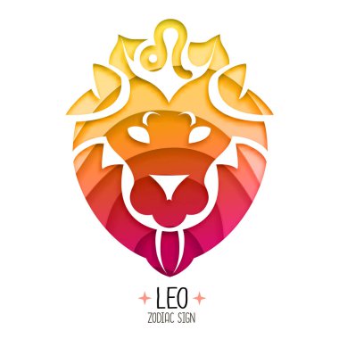 Astroloji Leo burç işaretli cadılık kartı. Aslan logosu tasarımı. Kağıt sanatının tasarımını kes.