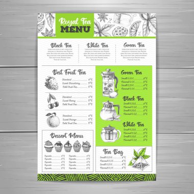 El çizimi sanatsal restoran Royal Tea menü tasarımı. Çaydanlığın dekoratif çizimi. Klasik stil