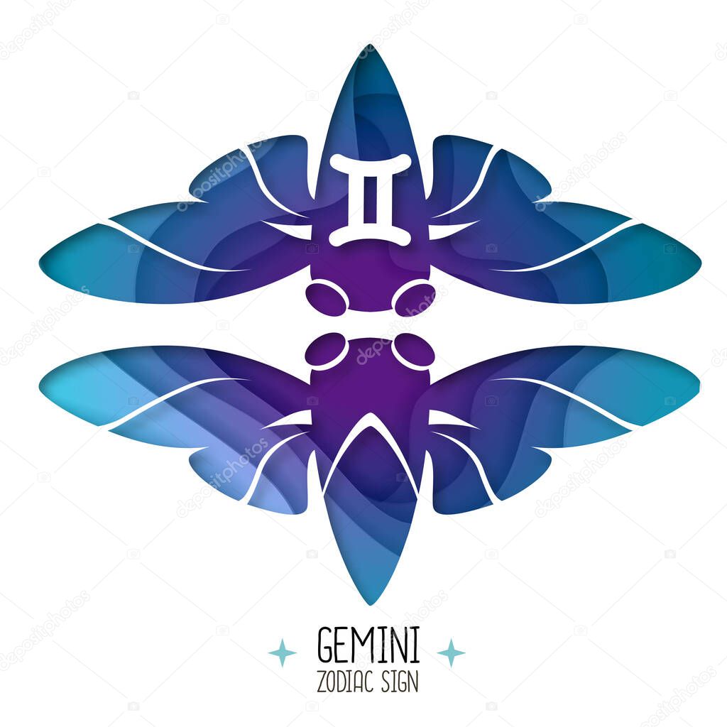 Witchcraft card with astrology Gemini zodiac sign.  Butterfly or cicada logo design. Cut out paper art style design.