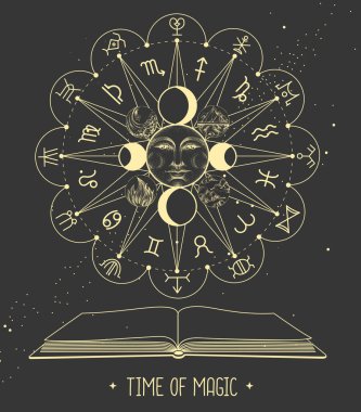Uzay arka planında burç işaretleri olan Astroloji çarklı modern büyü kitabı. Aşağı ve yukarı zodyak. Yıldız falı vektör çizimi