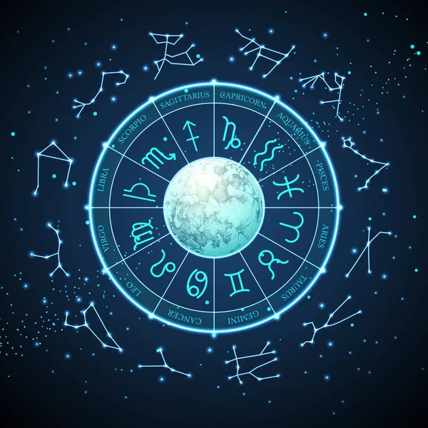 現代の魔法の魔術宇宙背景に星座と占星術のホイール ネオンホロスコープベクトルイラスト — ストックベクタ