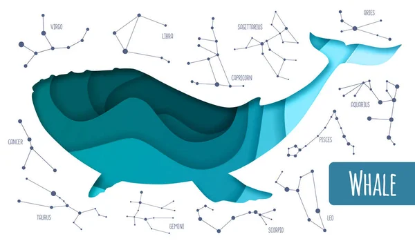 Silueta Ballena Mágica Moderna Cortar Diseño Estilo Arte Papel Fondo — Vector de stock