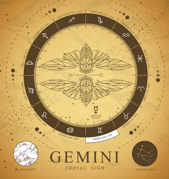 Магічна Картка Чаклунства Астрологічним Знаком Джеміні Зодіака Багатокутний Метелик Або — стоковий вектор