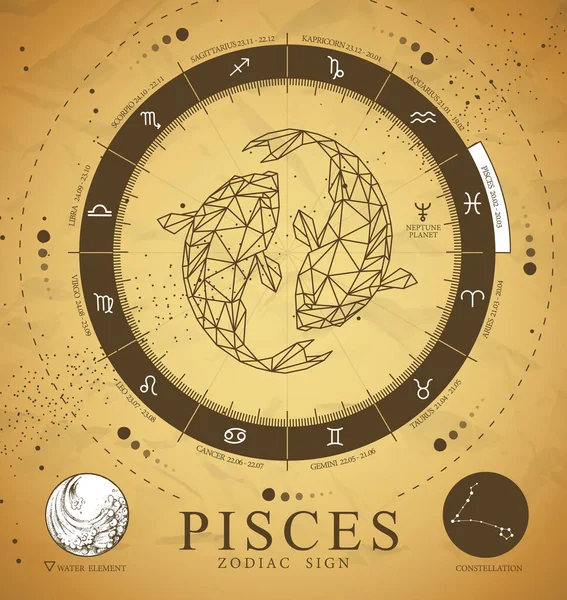 Vintage Magiska Häxkonster Kort Med Astrologi Fiskars Zodiak Tecken Polygonal — Stock vektor