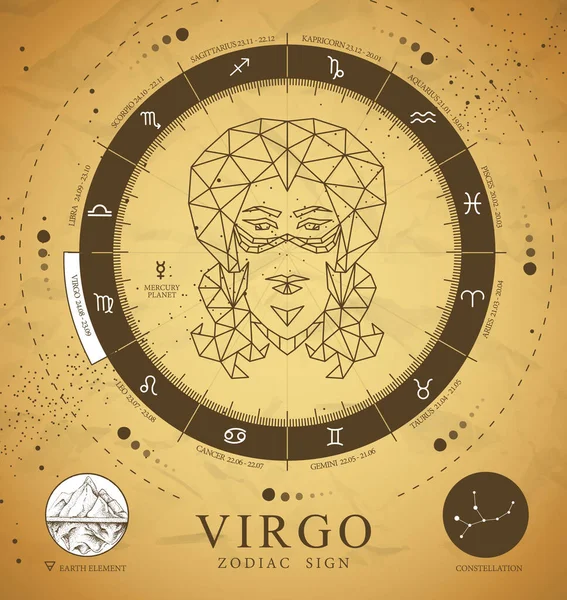 Vintage Carta Stregoneria Magica Con Astrologia Segno Zodiacale Vergine Testa — Vettoriale Stock