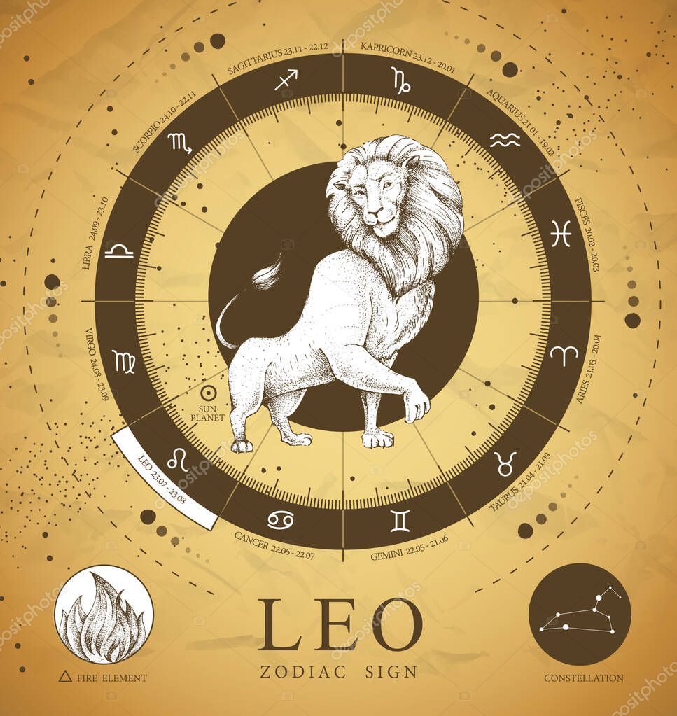 Vintage magic witchcraft card with astrology Leo zodiac sign. Realistic hand drawing lion head. Zodiac characteristic