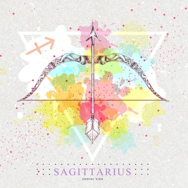 Sanatsal suluboya arka planında yay burcu yazılı modern büyü büyücülük kartı. Gerçekçi el yay ve ok çizimi.