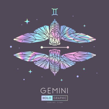 Çokgen astrolojisi olan modern büyü kartı. Gemini burcu. Holografik Çokgen Kelebek veya ağustos böceği çizimi