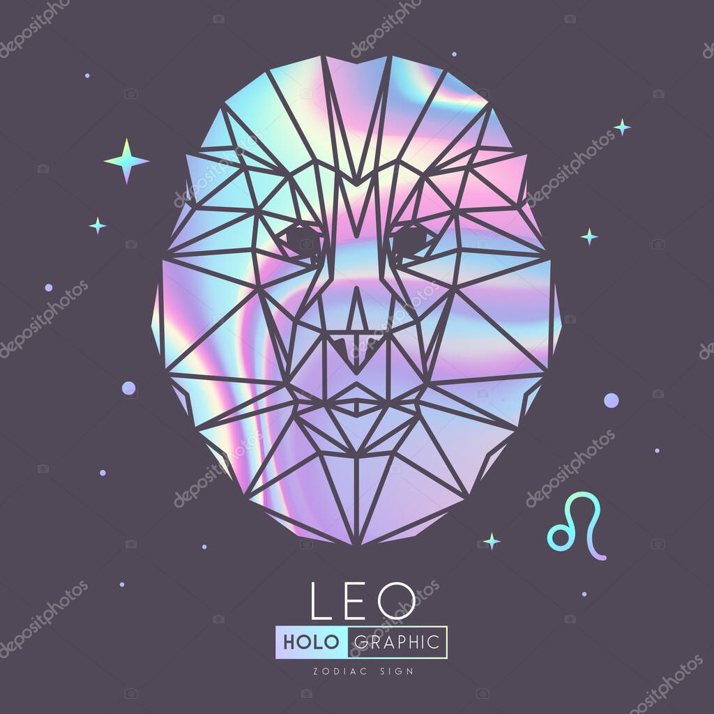 Modern magic holographic witchcraft card with astrology Leo zodiac sign. Lion head in polygonal style