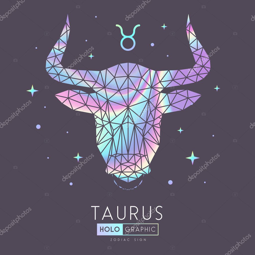 Modern magic witchcraft card with polygonal  astrology Taurus zodiac sign. Holographic Polygonal bull head