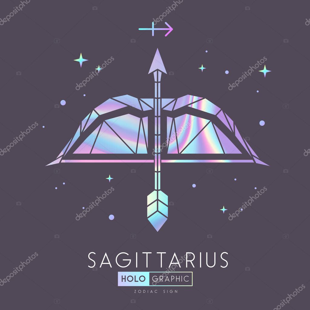 Modern magic witchcraft card with polygonal astrology Sagittarius zodiac sign. Holographic Polygonal Bow and arrow illustration