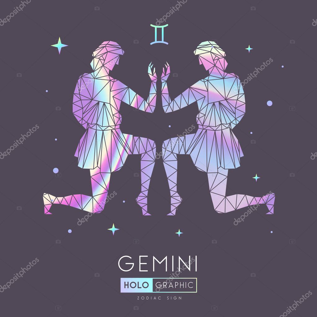 Modern magic witchcraft card with polygon astrology Gemini zodiac sign. Holographic  Polygonal men figure illustration