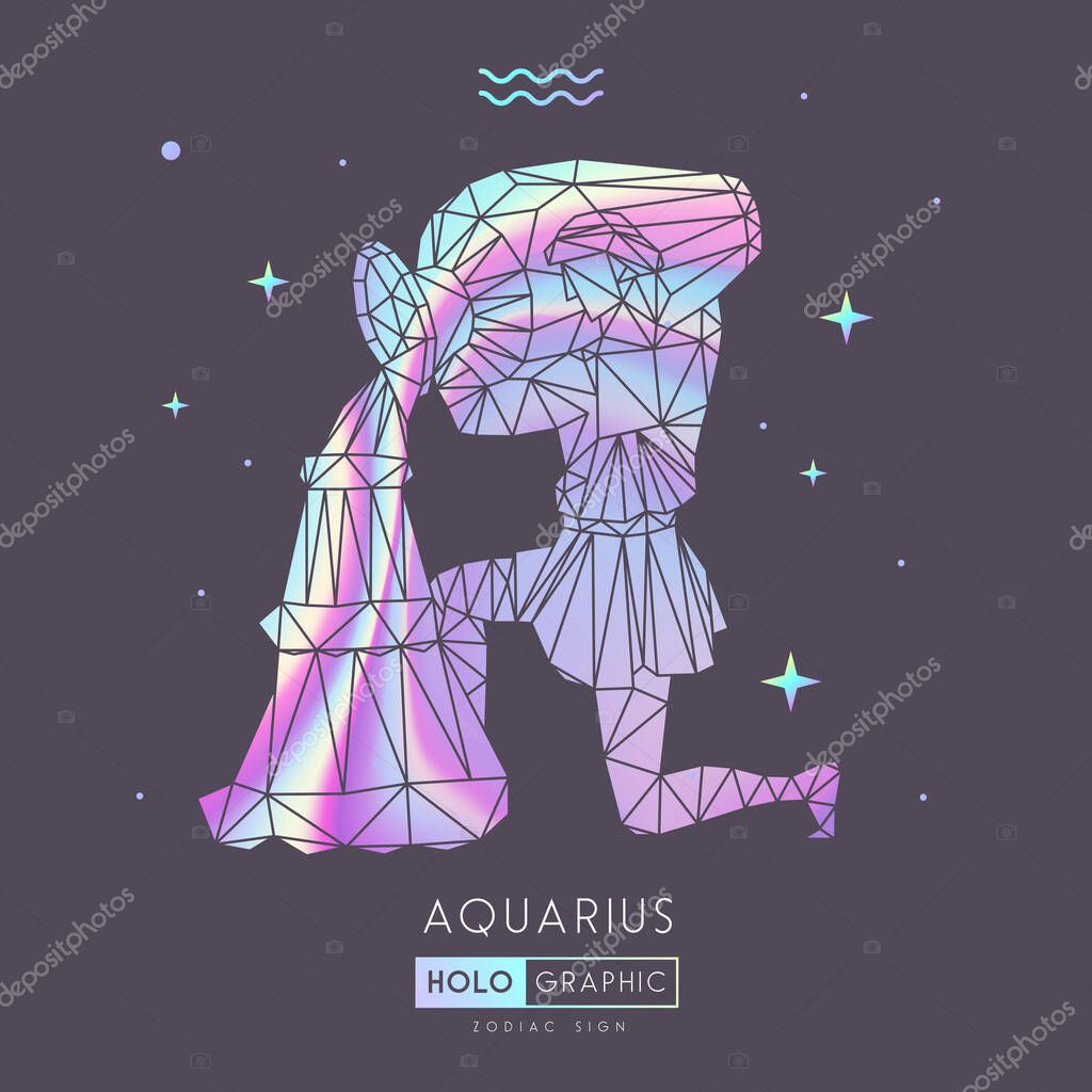 Modern magic witchcraft card with polygon astrology Aquarius zodiac sign. Holographic  Polygonal man with water jug.