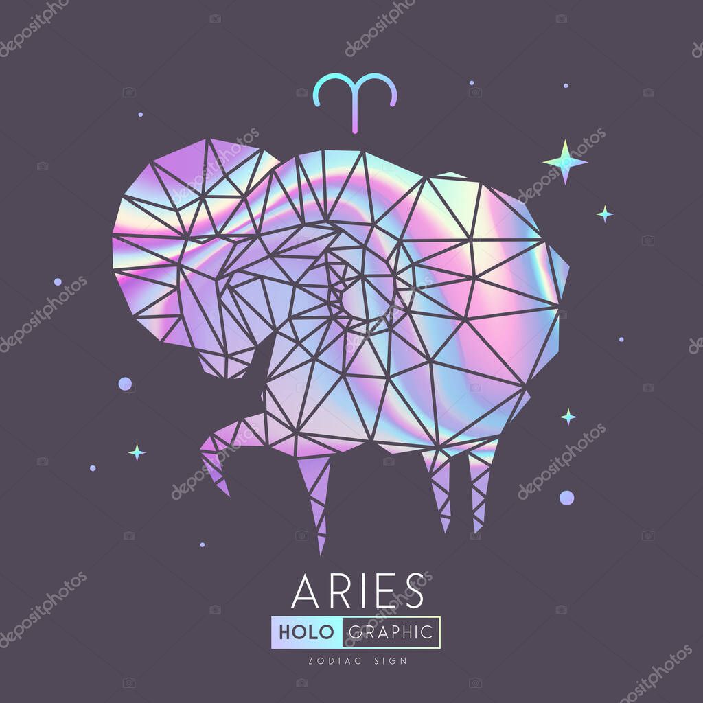 Modern magic holographic witchcraft card with astrology Aries zodiac sign. Ram or mouflon head in polygonal style