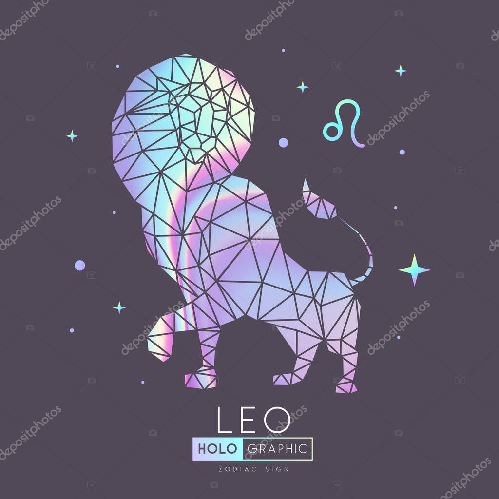 Modern magic holographic witchcraft card with astrology Leo zodiac sign. Lion head in polygonal style