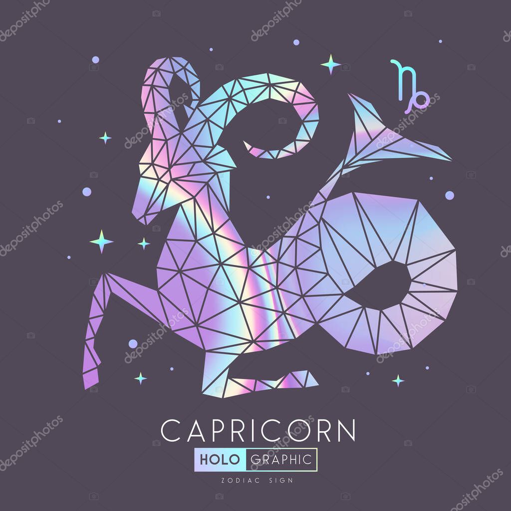 Modern magic holographic witchcraft card with polygonal astrology Capricorn zodiac sign. Polygonal ram or mouflon
